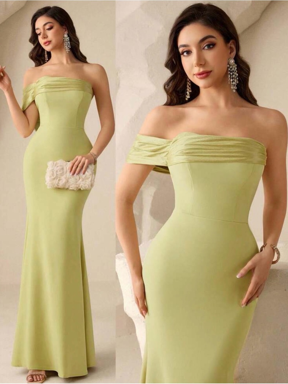 Off-Shoulder Lime Green Evening Gown